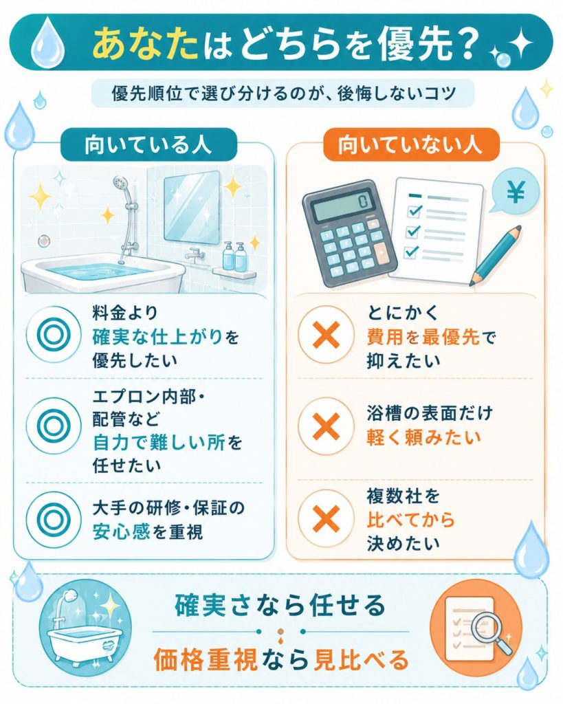ダスキン浴室クリーニングの向き不向きを対比した図