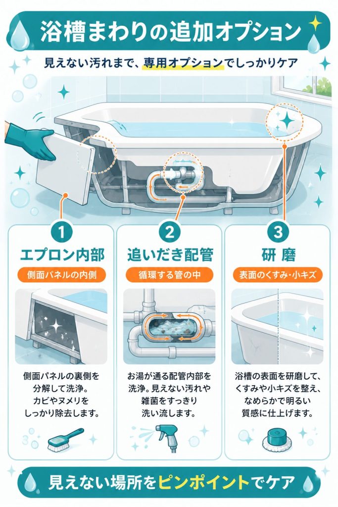 浴槽まわりの追加オプション3種を整理した図
