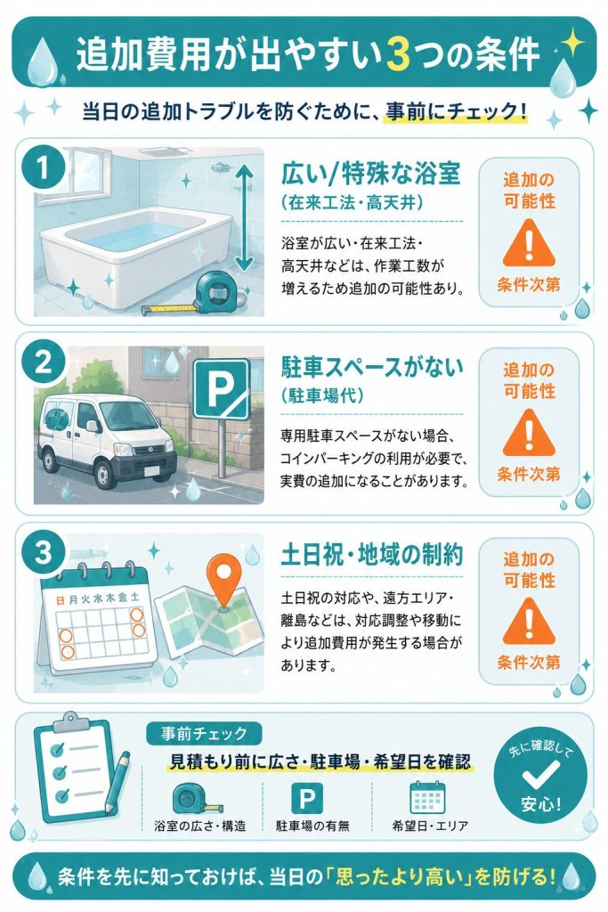 浴室クリーニングで追加費用が出る条件を示した図