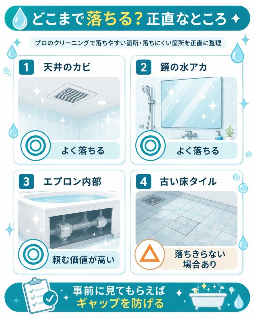 浴室の落ちやすい箇所と落ちにくい箇所を整理した図