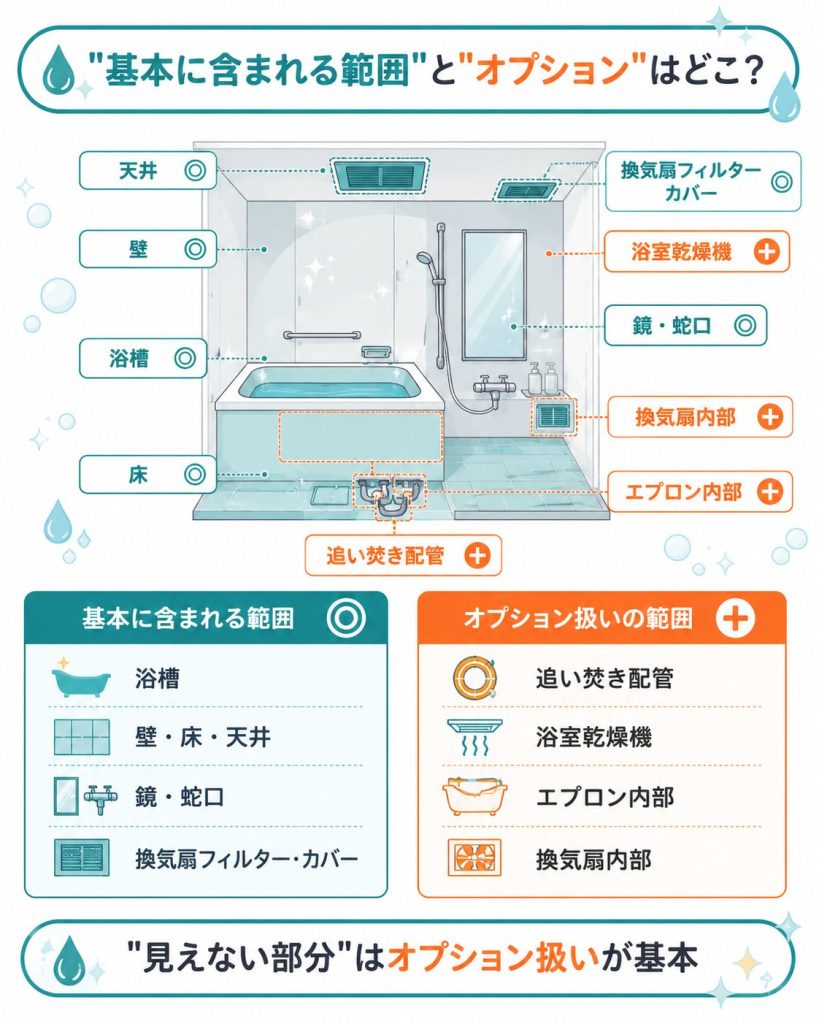 浴室クリーニングで基本に含まれる範囲とオプション範囲の図